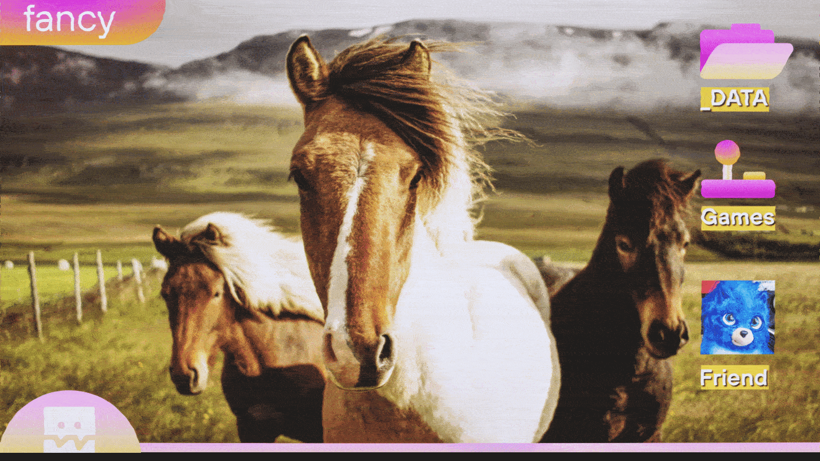 The fictional desktop of the Fanbyte mascot, Fancy. It has a background image of majestic horses.